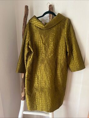 Vintage Designer Tom & Linda Platt Textured Olive Green Midi Dress  Funnel 12